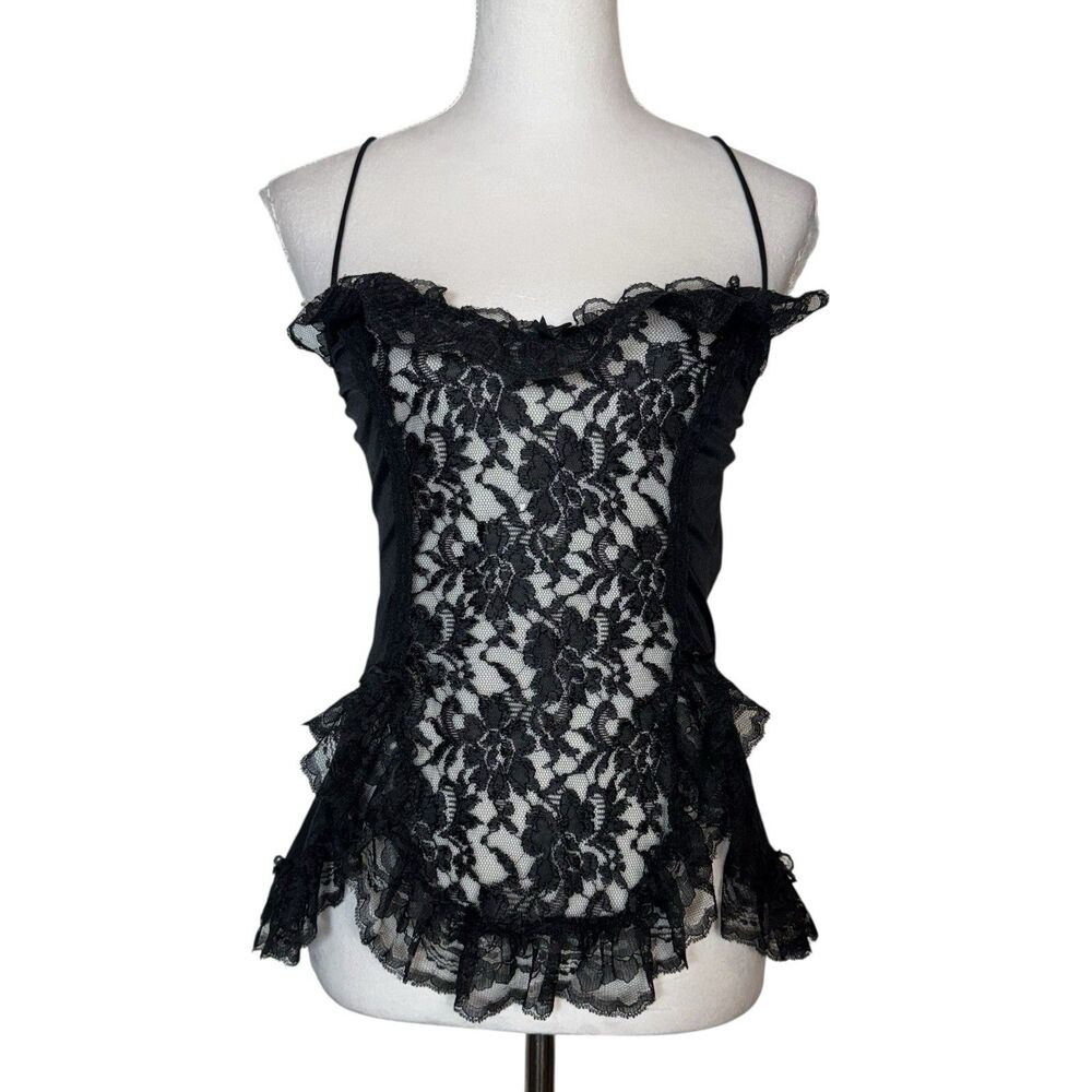 Vintage Y2K Lace Babydoll Cami Top S Black Bow Whimsigoth Coquette Fairy Grunge